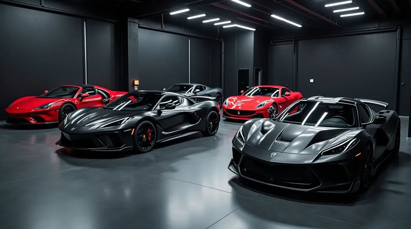 A luxury showroom lined with supercars