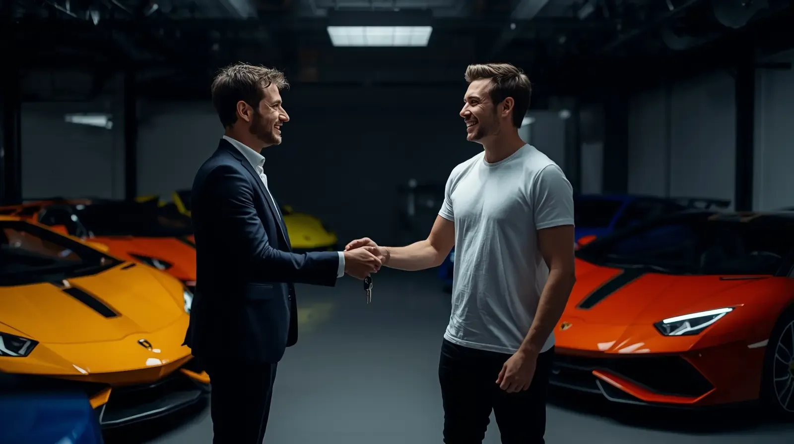 Two men shaking hands while exchanging car keys, supercars behind