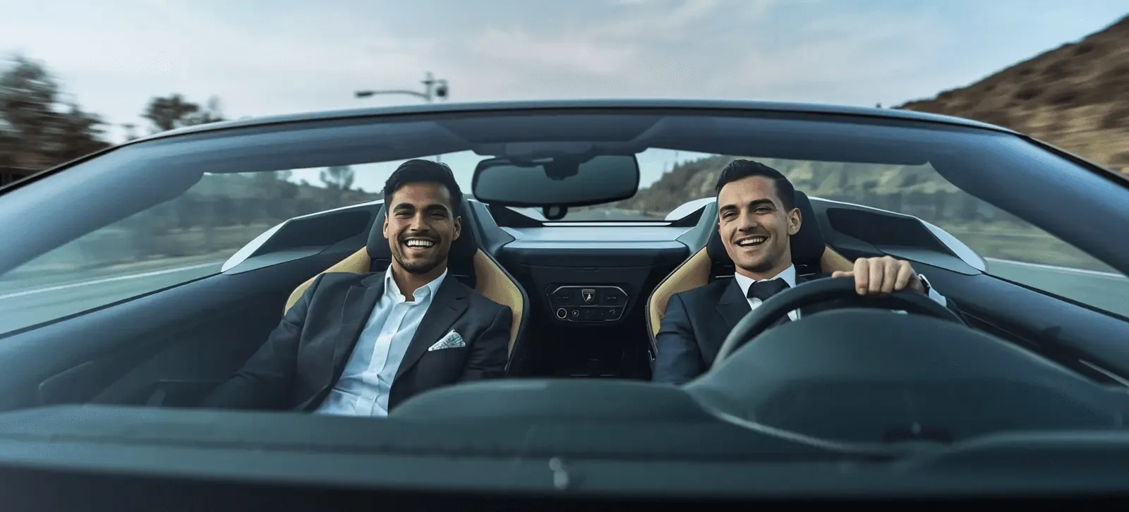 Two happy men driving a sportscar with a joyful expression