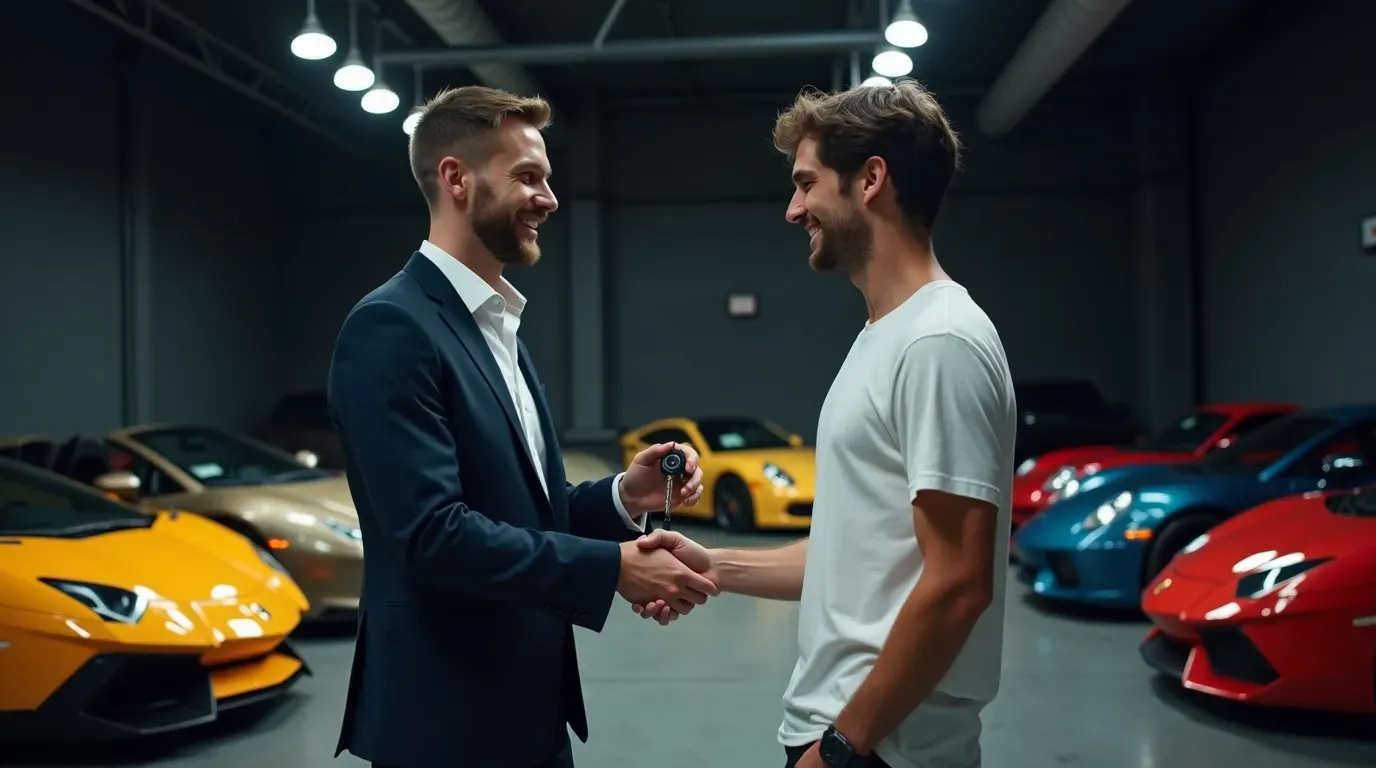 Handing over the car keys in a luxury showroom